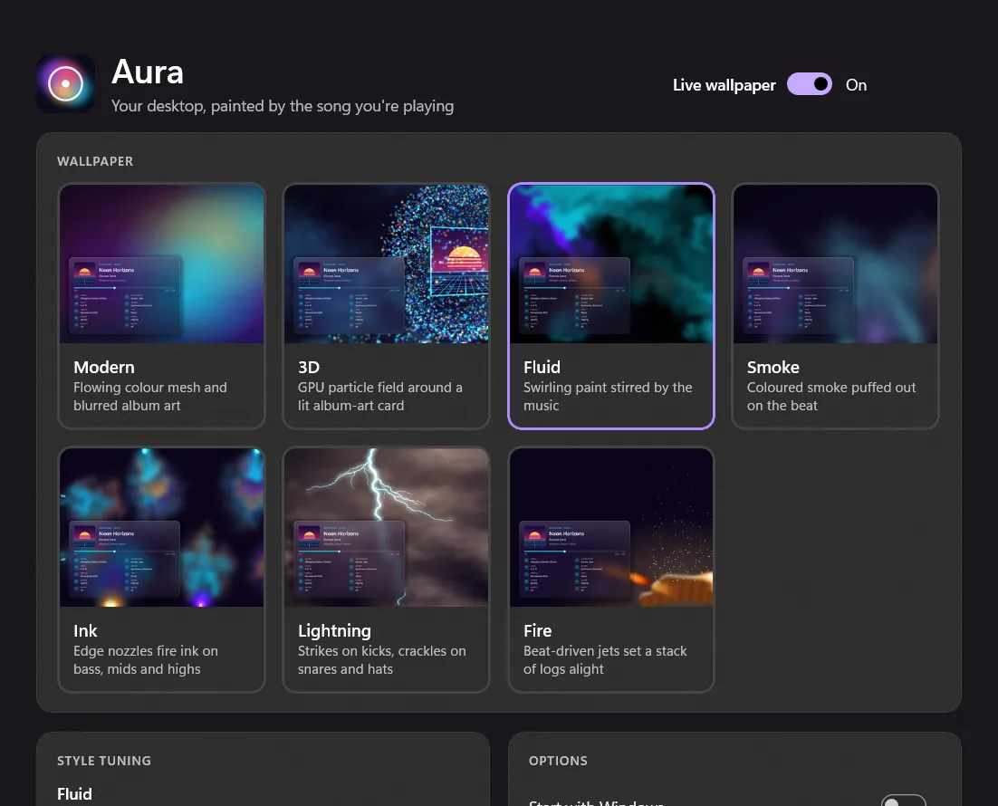 Aura main window with the style gallery